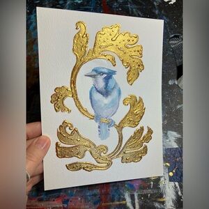 Original Blue jay painting handmade gold wall decor art cottage core artwork USA